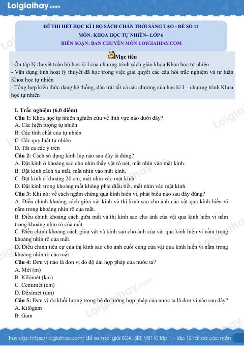 Đề thi học kì 1 KHTN 6 Chân trời sáng tạo - Đề số 11